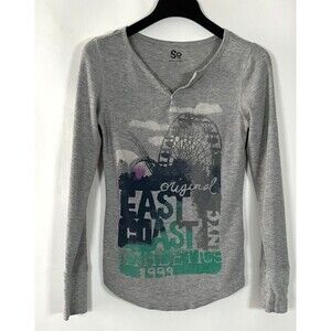 SO Henley Shirt Womens Large Y2k 90s Graphic Print Waflle Knit Long Sleeve Large